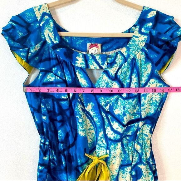 Yoana Baraschi Blue Dress With Chartreuse Accent Belt 100% Silk  Anthropologie - Picture 11 of 16